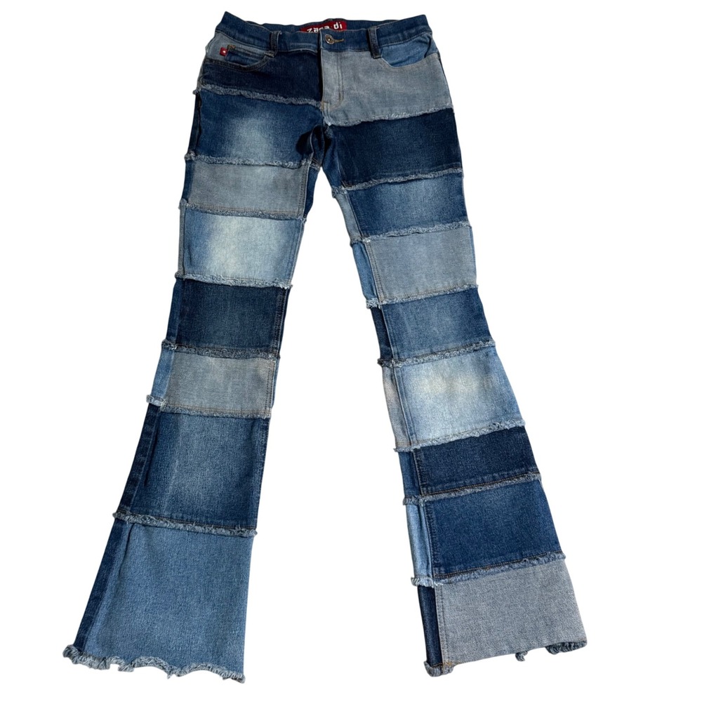 Zana-Di Patchwork Low Rise Flare Jeans Sz 1 Distressed Denim Frayed Hem Y2k Vtg